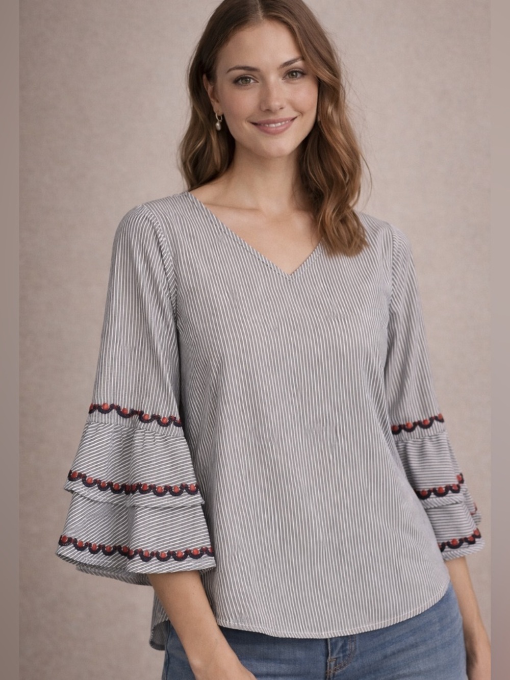 Kontrol Striped Bell Sleeve Top Embroidered Tiered Sleeve V-Neck Blouse